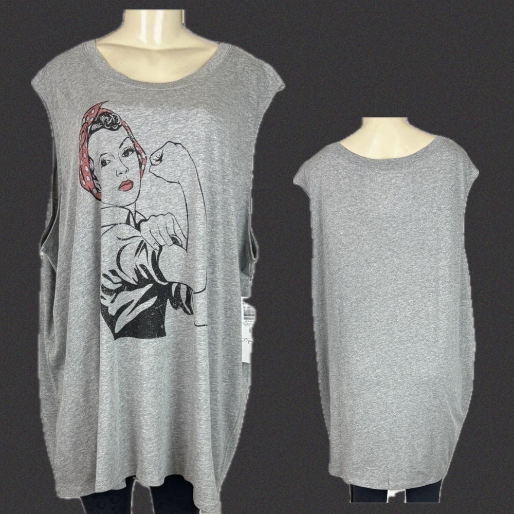 The Vinyl Icons 4X Rosie the Riveter Graphic Muscle Tank Tee Heather Gray Crew